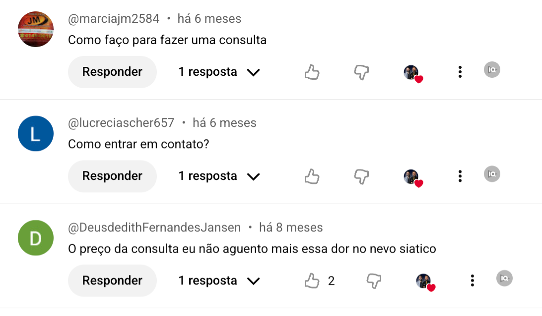 Comentários perguntando como marcar consulta, entrar em contato e saber o valor