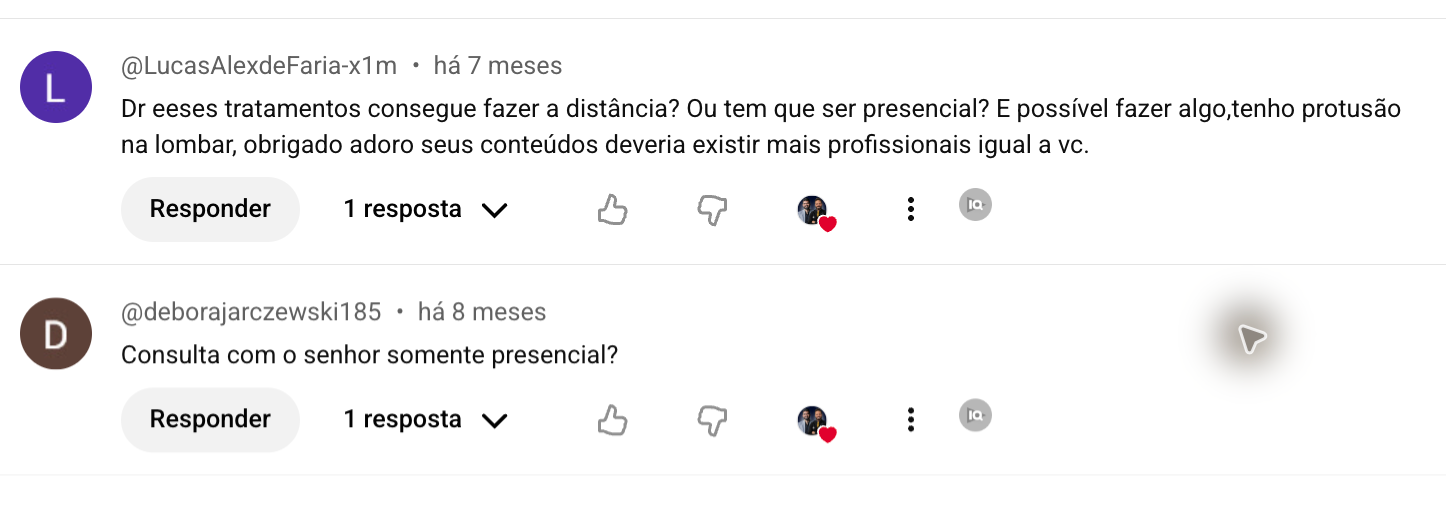 Comentários perguntando sobre consulta presencial ou à distância