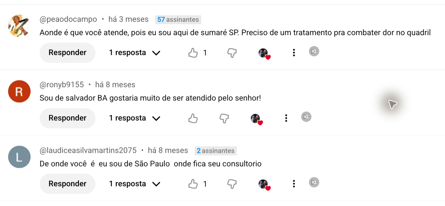 Comentários perguntando onde os médicos atendem